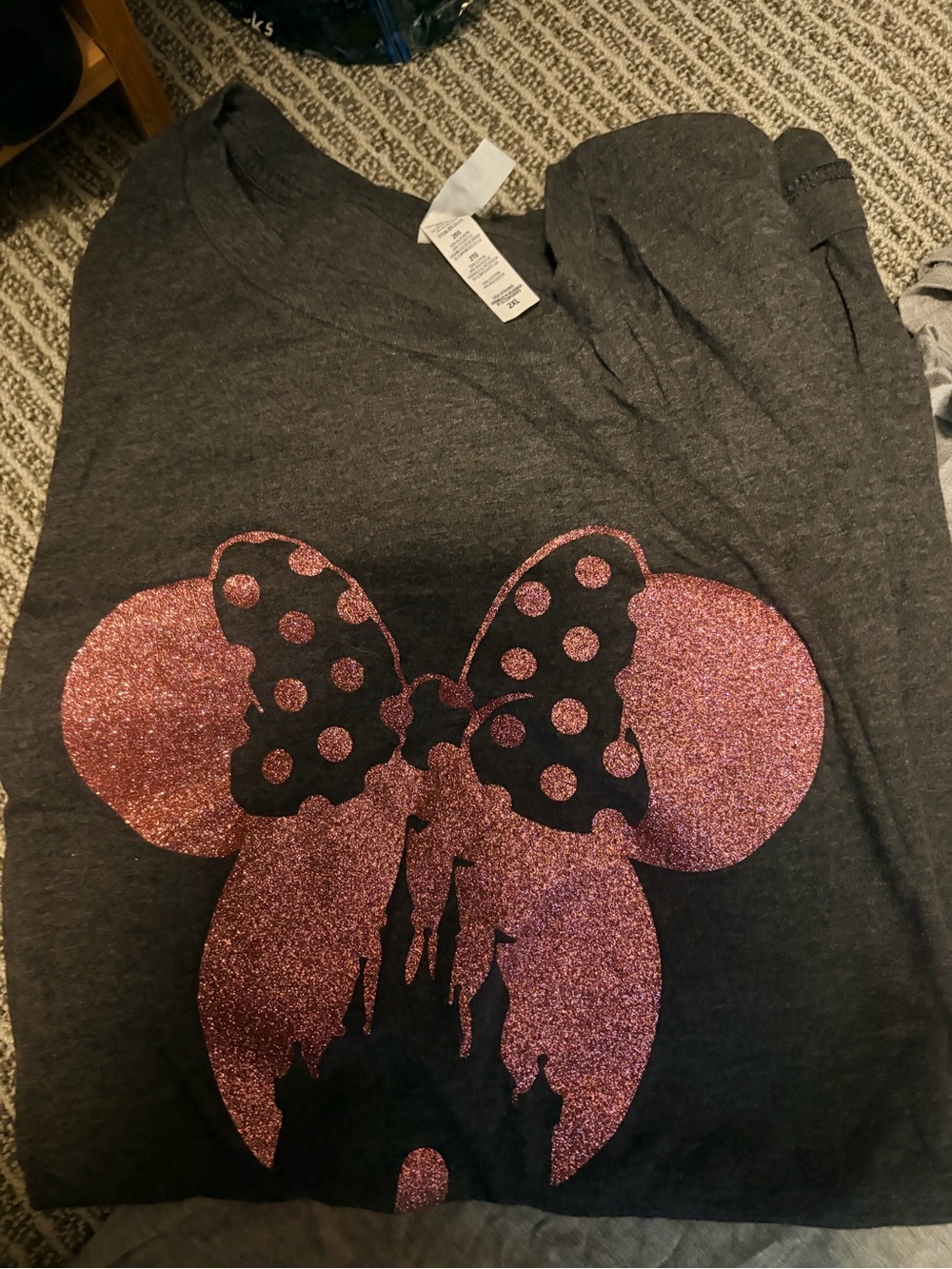 Women’s Dark Gray Tee with Pink Glitter Minnie Bow Castle Graphic